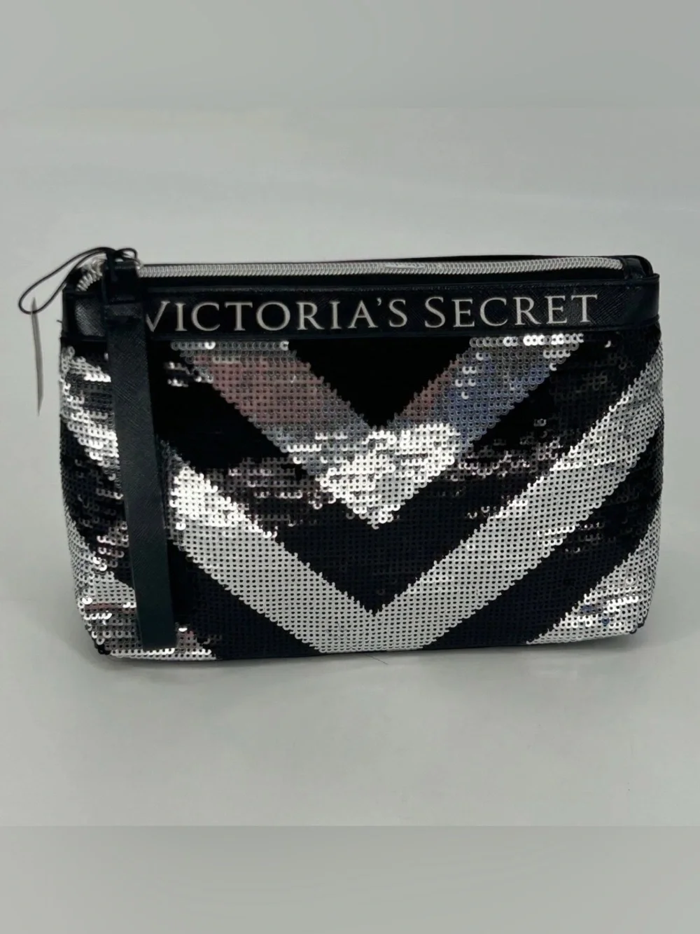 Victoria's Secret Black & Silver Chevron Sequin Makeup Pouch, like new!